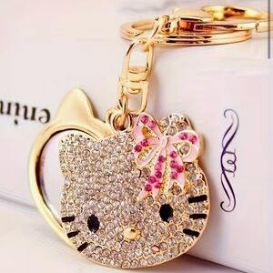 New Hello Kitty Style Pink & Gold Key Chain Purse Charm with Mirror